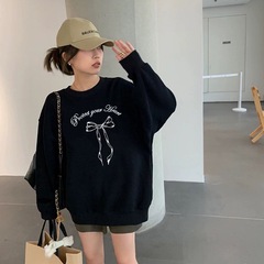 宽松圆领卫衣女2025秋冬新款美式印花字母蝴蝶结加厚加绒重磅上衣