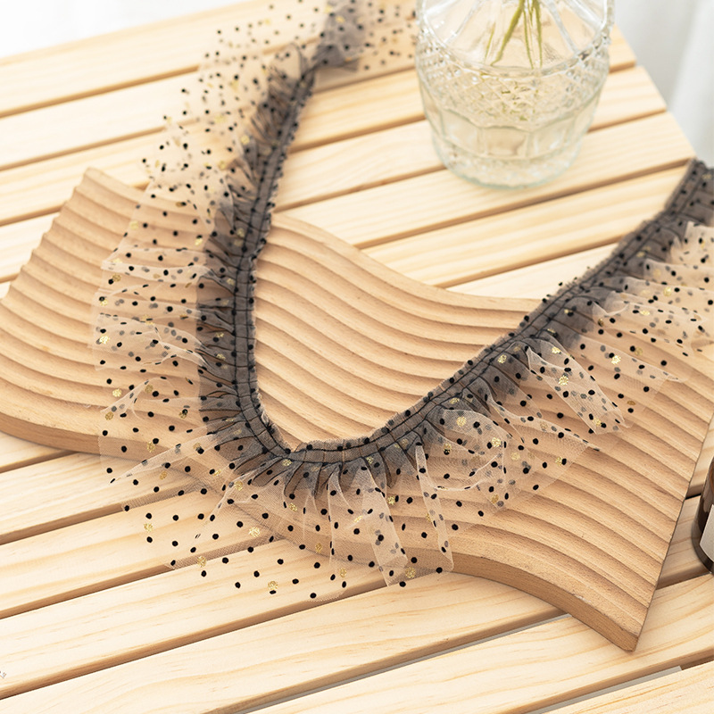 8cm宽 杏色柔软网布黑色波点褶皱花边 服装童装礼服衣领装饰辅料