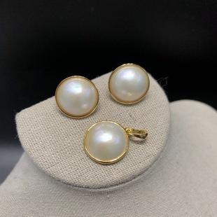 Classic smooth inlaid plain silver seawater white horse pearl suit, naked beads 15-16mm s925 silver