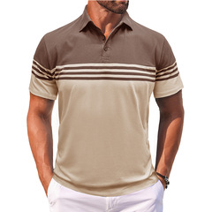 アマゾンのメンズの夏のカジュアルなメンズの半袖のストライプのpoloのシャツは国境を越えて欧米の襟のtシャツをひっくり返して色の上着をつづり合わせます。