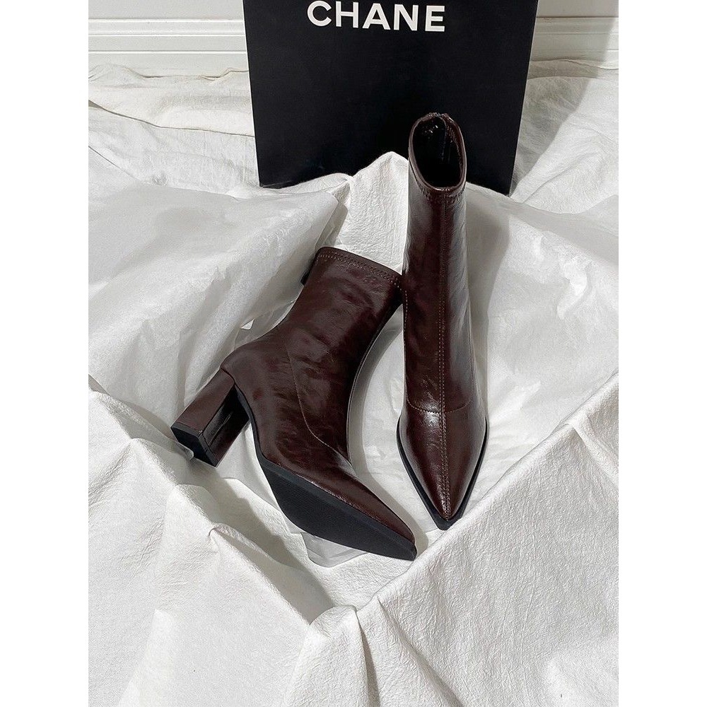 法式气质粗跟短靴女高跟2025年秋冬新款百搭小踝靴弹力尖头瘦瘦靴