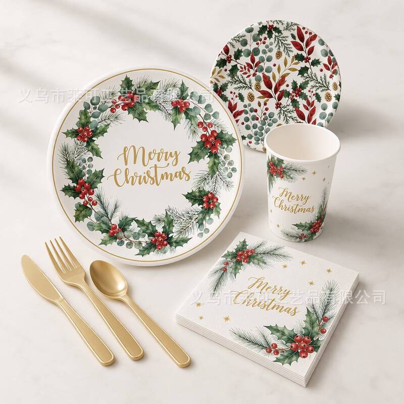 New Winter Holly Christmas Theme Party Tableware Disposable Party Tableware Paper Plates Napkins Paper Cups Tableware