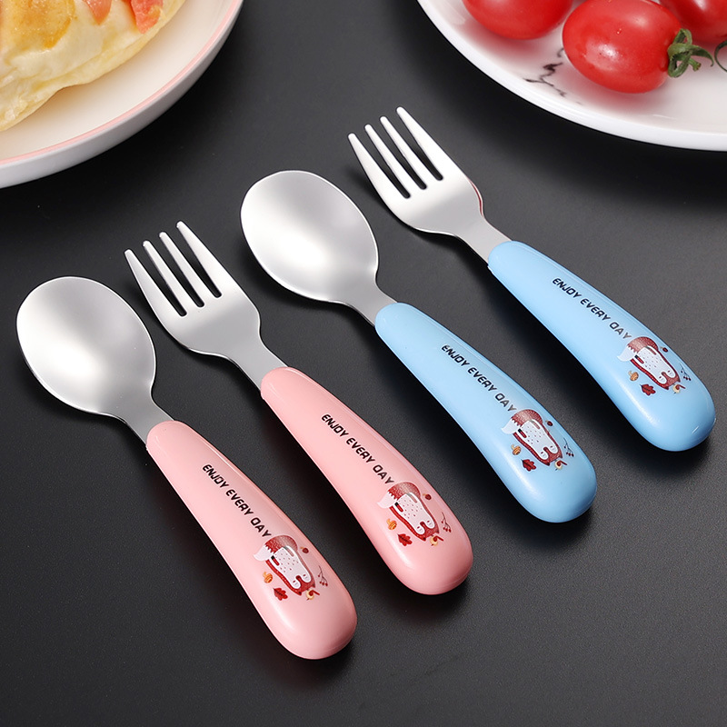 304 스테인레스 스틸 여우 어린이 숟가락과 포크 귀여운 어린이 식기 이유식 보충 훈련 휴대용 세트