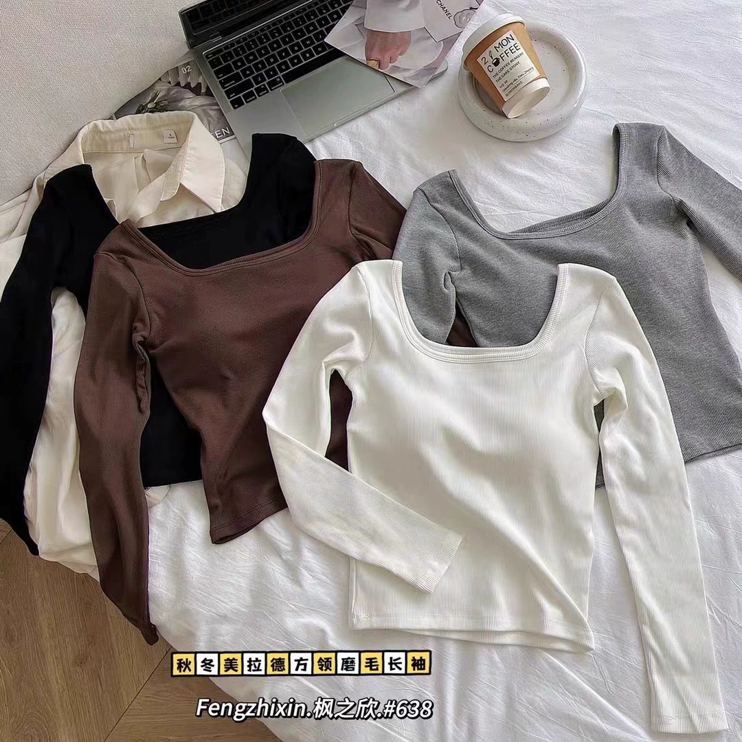 Fei Si Ji 638 # Майрад шерстит маленький квадратный воротник с длинными рукавами, тонкая и тонкая с открытой ключицей