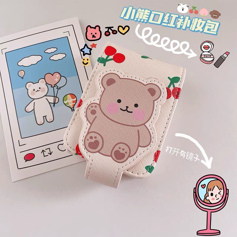 Pequeño oso lápiz labial bolsa con espejo MINI BOLSA chica portátil de viaje maquillaje bolsa de almacenamiento cubierta protectora