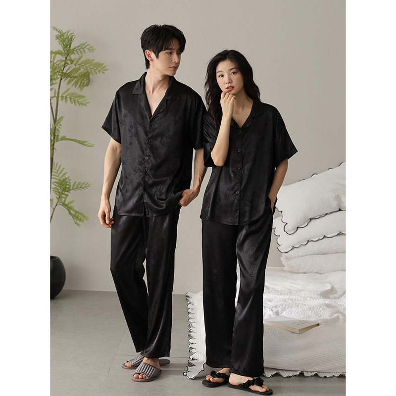 [쿨] 아이스 실크 파자마 여성 여름 새 커플 반팔 바지 가디건 봄 · 여름 실크 같은 홈 옷 남성