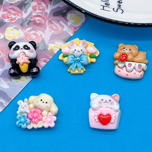 Bright face cartoon animal puppy bear rabbit flower tuft hairpin hair rope DIY cream glue material resin accessories