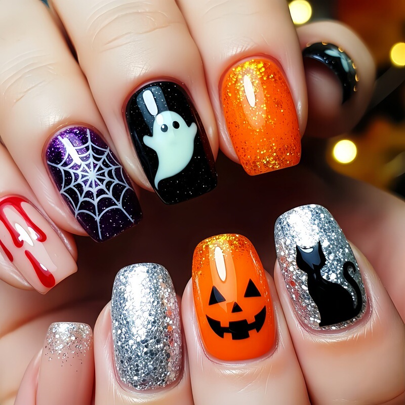 Halloween Wearable Nails Ghost Spider Web Pumpkin Skull Black Cat Nail Art Wearable Nail Pieces Fake Nail Stickers Wholesale