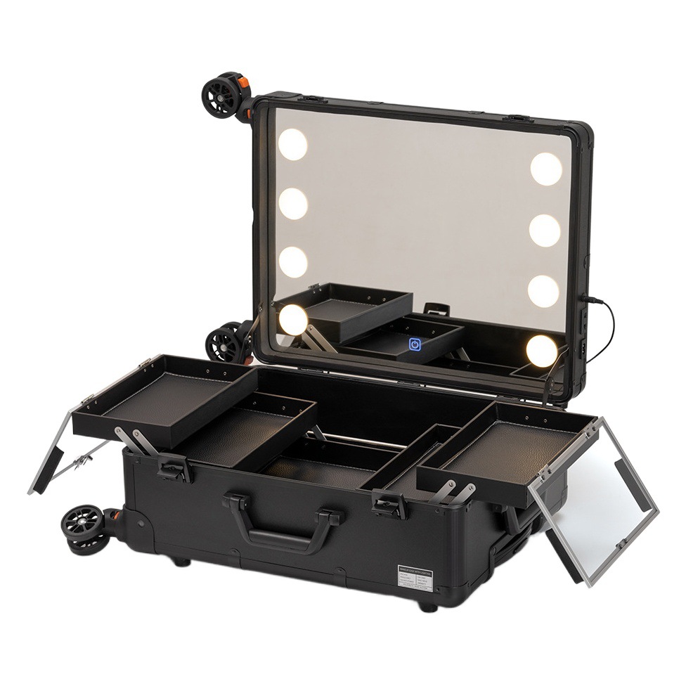 Espejo completo control táctil de tres colores atenuación caja cosmética profesional con carro ligero multi-capa universal rueda maquillaje caja de seguimiento