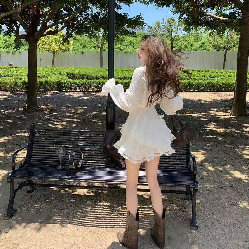 纯潮超仙收腰显瘦长袖连衣裙女春秋季蓬蓬蛋糕裙气质甜美小白裙子|undefined
