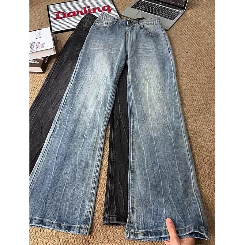 Lightning-Patterned Diagonal-Cut Jeans for Men, Summer Vibe, American High Street Style, Slightly Flared, Loose Straight High-Waisted Long Pants