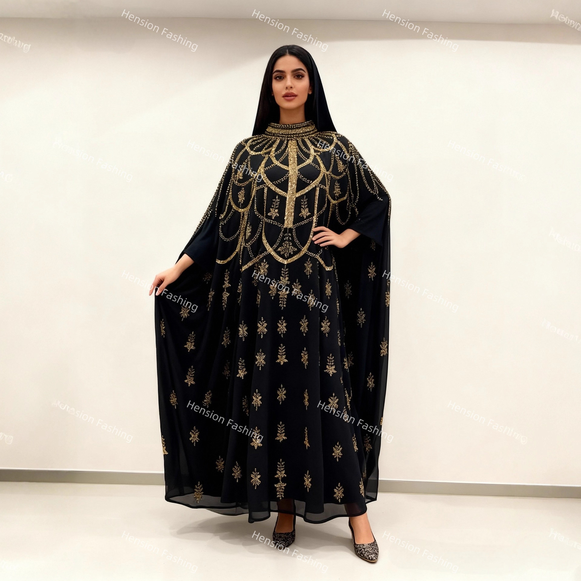 Fashionable Dubai Muslim Bat Sleeve Rhinestone Embellished Robe Arab Middle Eastern Abaya Long Dress_ecoleips.com