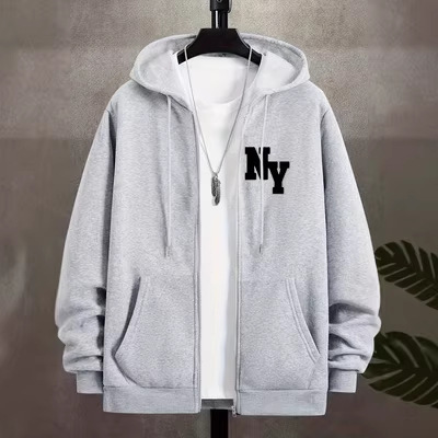 Hooded Cardigan Jacket New Autumn and Winter Fleece-Lined Loose Fit Student Solid Color Men's Casual Letter Graphic Zipper Sweatshirt