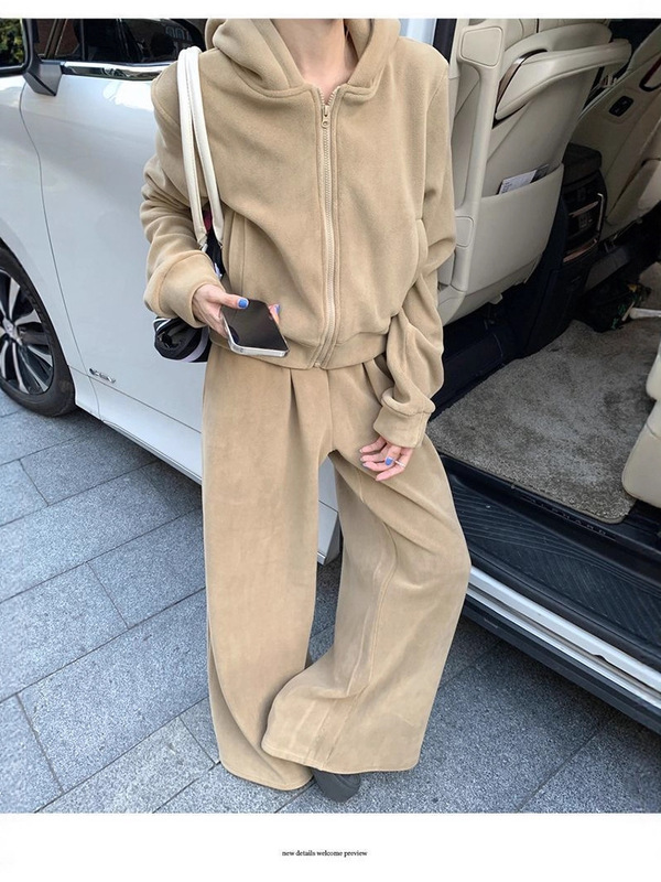【自家工厂现货】小众连帽女卫衣外套上衣长裤阔腿裤拖地裤两件套|undefined