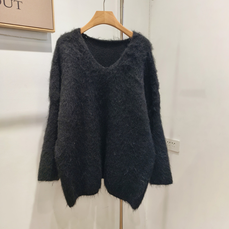 毛茸茸套头针织衫拉绒毛衣女宽松休闲慵懒风v领2025秋冬新款纯色|undefined