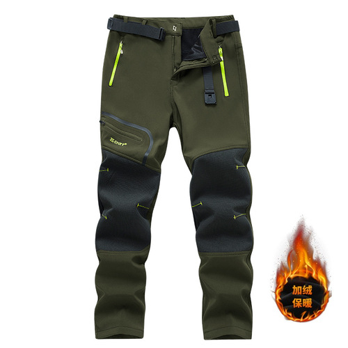 Men's autumn and winter windproof softshell ski pants with fleece and thick quick-drying pants cross-border European size outdoor fleece down jacket pants for men 