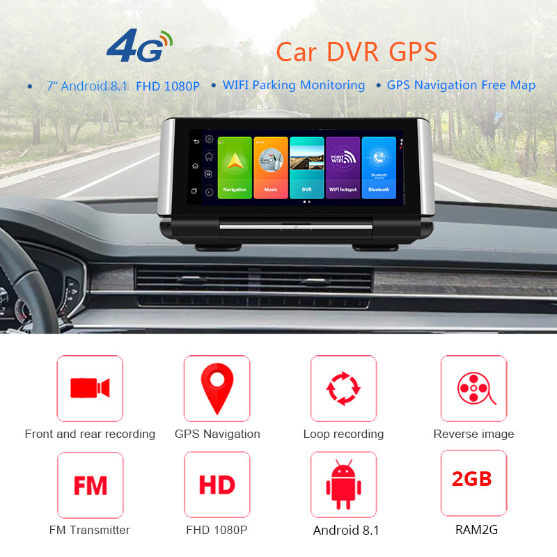 CAR DVR 7寸4G中控台新款2G+16G行车记录仪前后双录安卓8.1导航仪