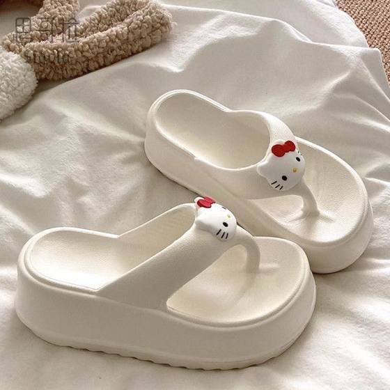 Cute KT Cat Flip Flops Women's Seaside Beach Shoes 2024 New Style Platform Thick Bottom Wedge Slippers Sandals