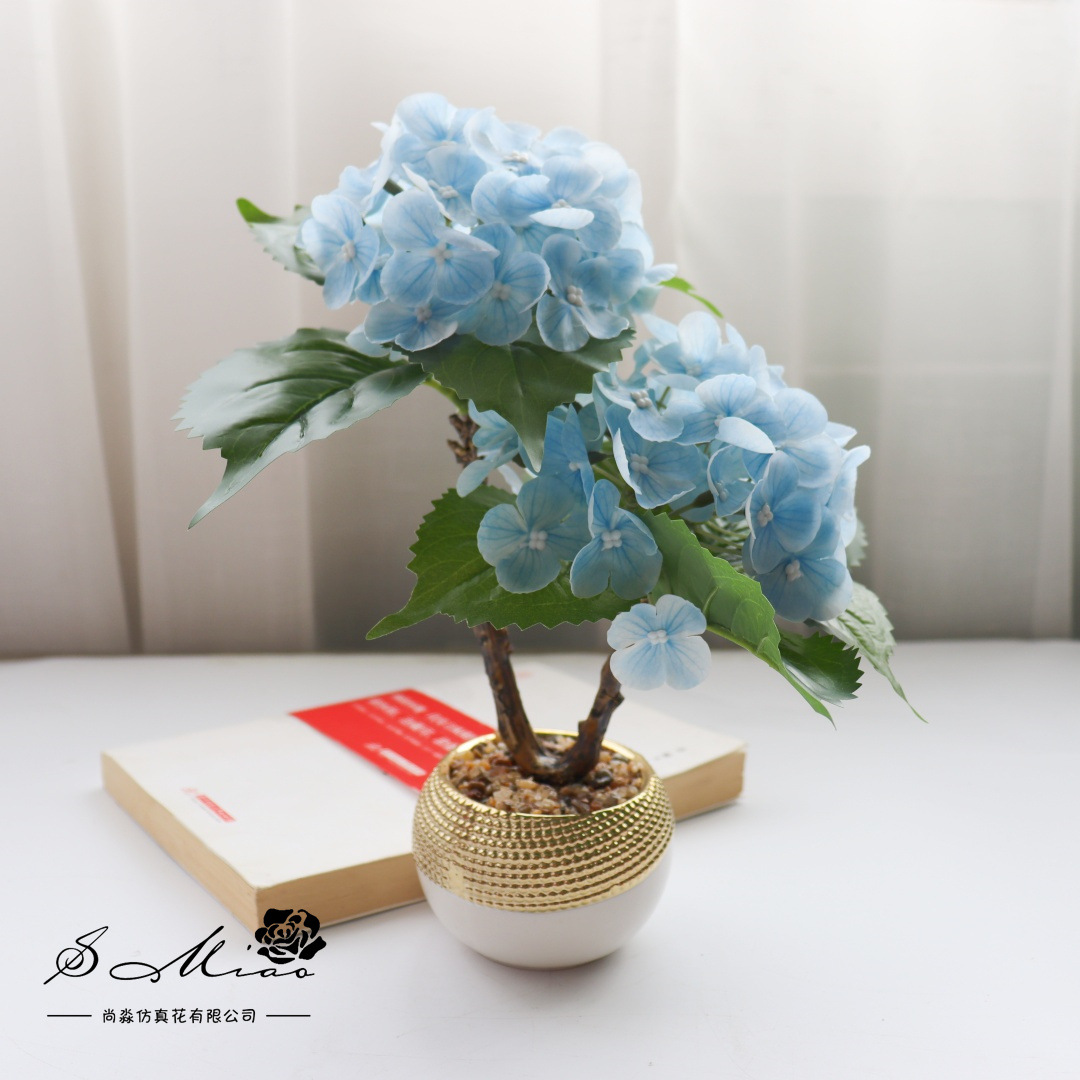 Flores falsas de alta calidad dos extremos hortenida flor de simulación bonsai decoración de moda creativa plantación verde artificial simulación maceta