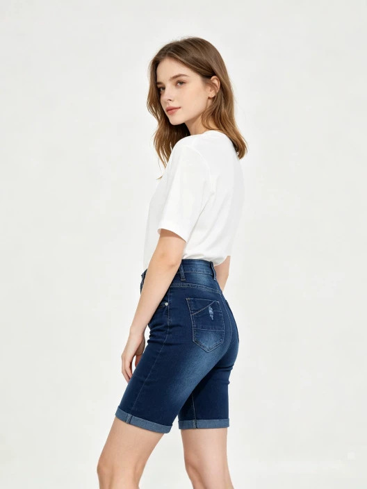 Shorts de Mezclilla de Tiro Alto para Mujer de Mezclilla de Algodón con Alta Elasticidad y Borde Enrollado para Uso Casual image 3