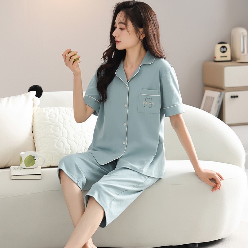 Pajamas Women's Summer Cotton New Arrival Cardigan Lapel plus size Short-Sleeved Capri Pants suit Loose Casual Home Clothes