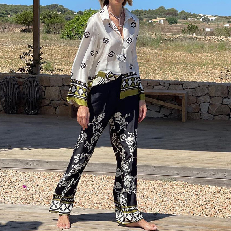 Conjunto casual de camisa y pantalón para mujer, estampado moderno