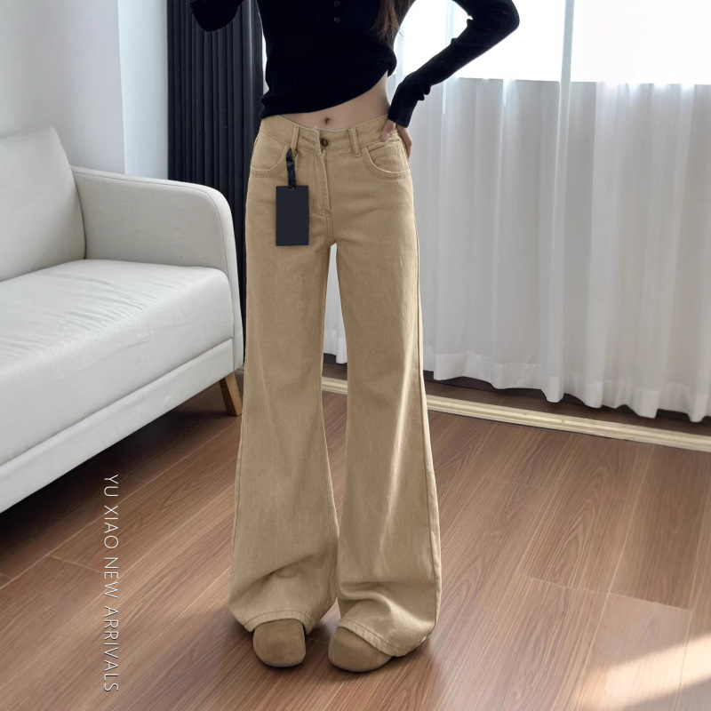 Women's Spring and Summer Low-Waist Loose Straight-Leg Flared Jeans in Khaki, Slimming Long Pants for Women