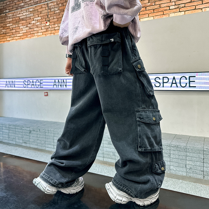 (2개) 소년 청바지 2024 년 봄과 가을 새로운 도착 중다 어린이 가을 캐주얼 바지 소년 가을 작업복 유행 바지
