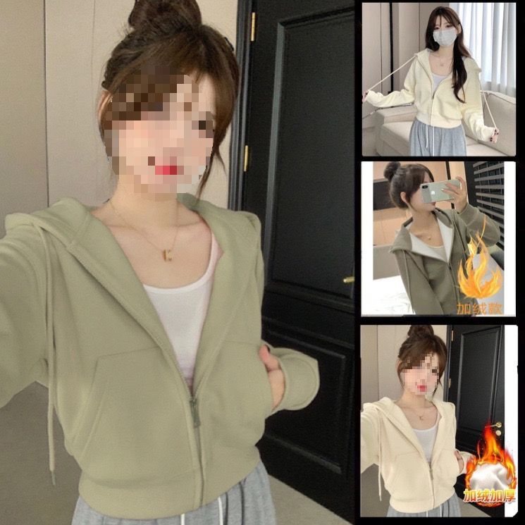 秋冬即墨加绒连帽卫衣外套女设计感短款长袖上衣小个子休闲开衫潮