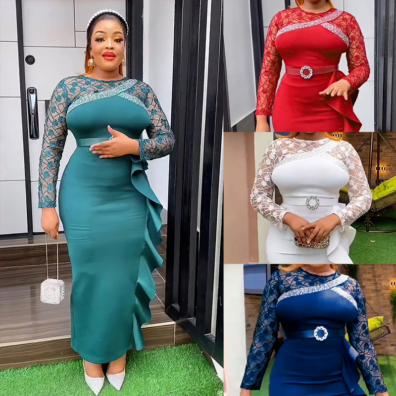 Aliexpress European and American Cross-Border African Women's Plus-Size Heavy-Duty Rhinestone Party Evening Daily Commute Dress 3650