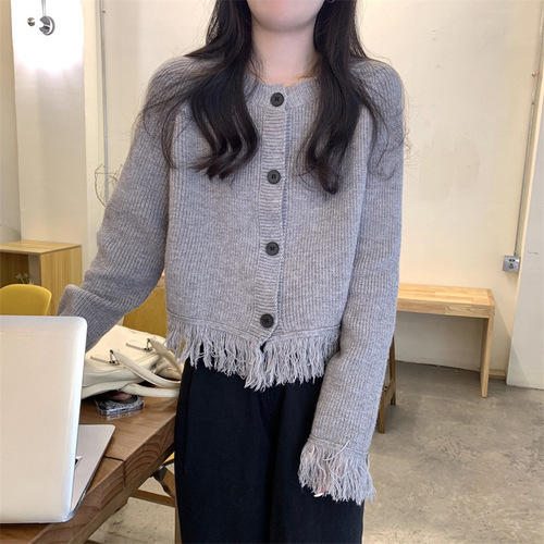 Korean-style design long-sleeved cashmere sweater coat for women, autumn and winter tassel loose knit open sweater coat