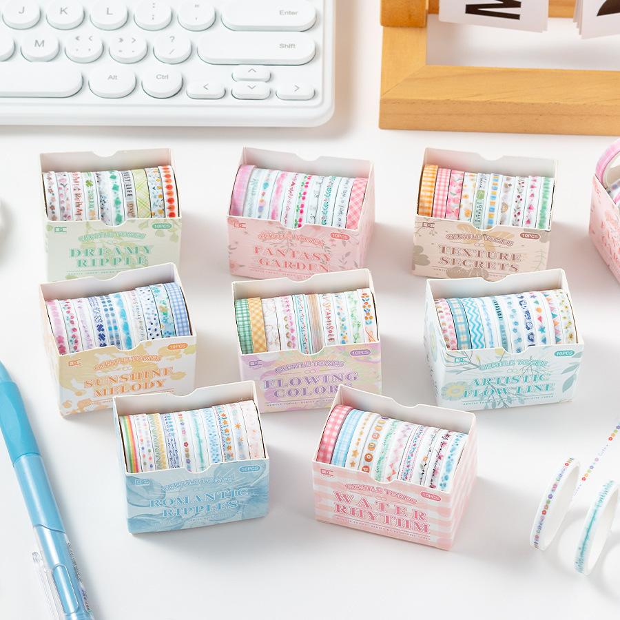 Tono suave y cinta de papel Juego básico de cuentas de mano 10 enrollado en cinta de línea divisoria extremadamente delgada de 0,5 cm pegatina de papelería