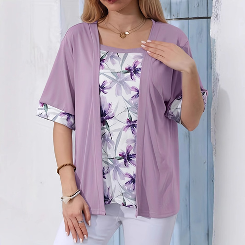 Large European and American TEMUwish women's clothing solid color print splicing two-piece short-sleeved T-shirt
