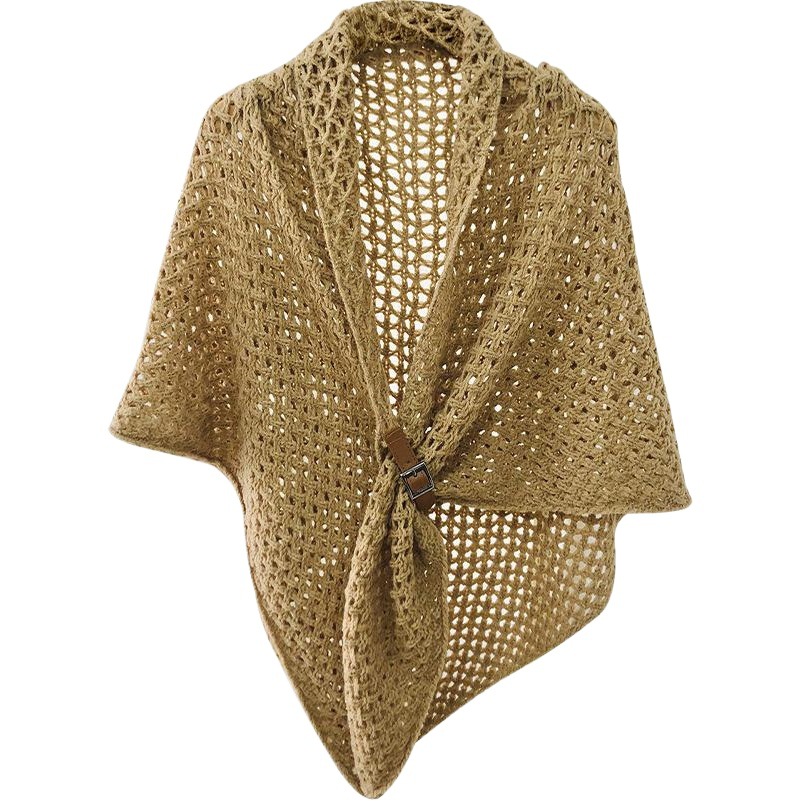 Chal triangular de hebilla de cuero – estilo coreano, color sólido, cálido y decorativo para mujer