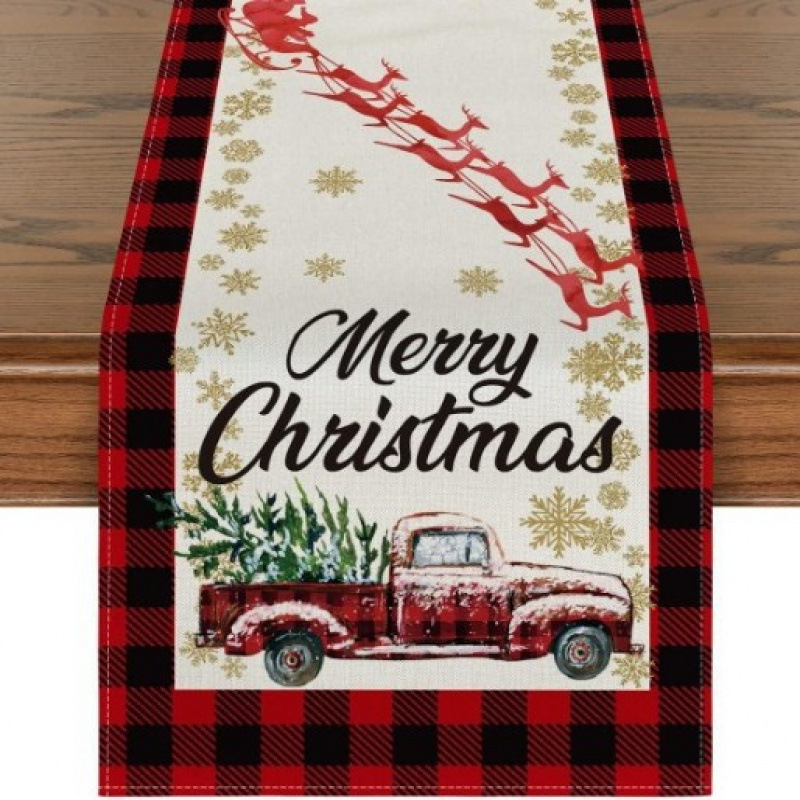 Camino de mesa navideño con estampado de muñeco de nieve y Santa