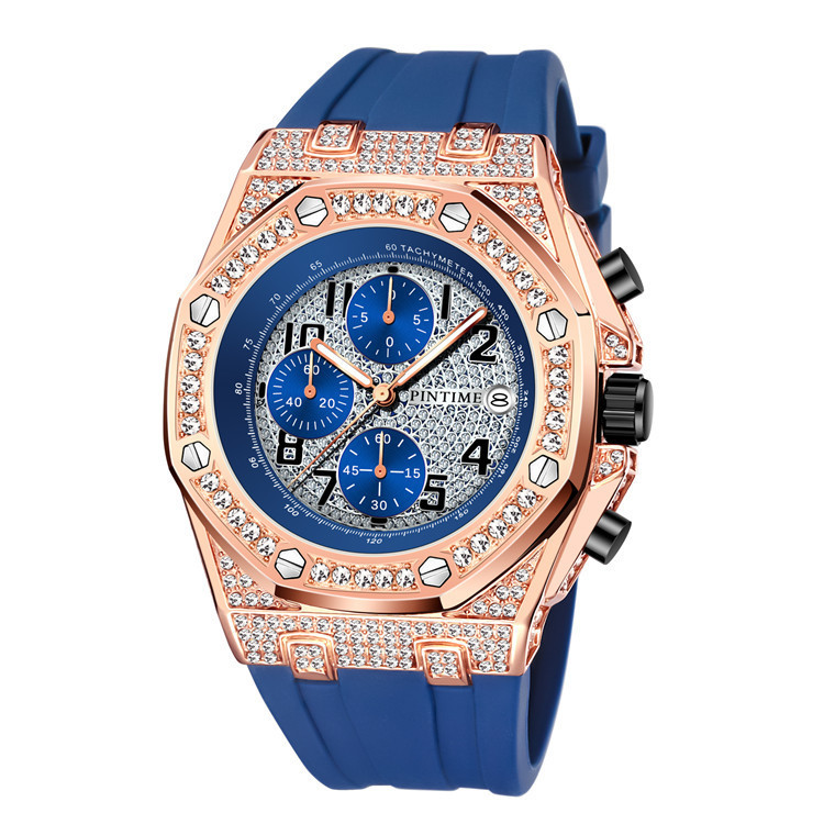 Men's Retro Chronograph Quartz Watch With Large Dial And Diamonds_voghion.com