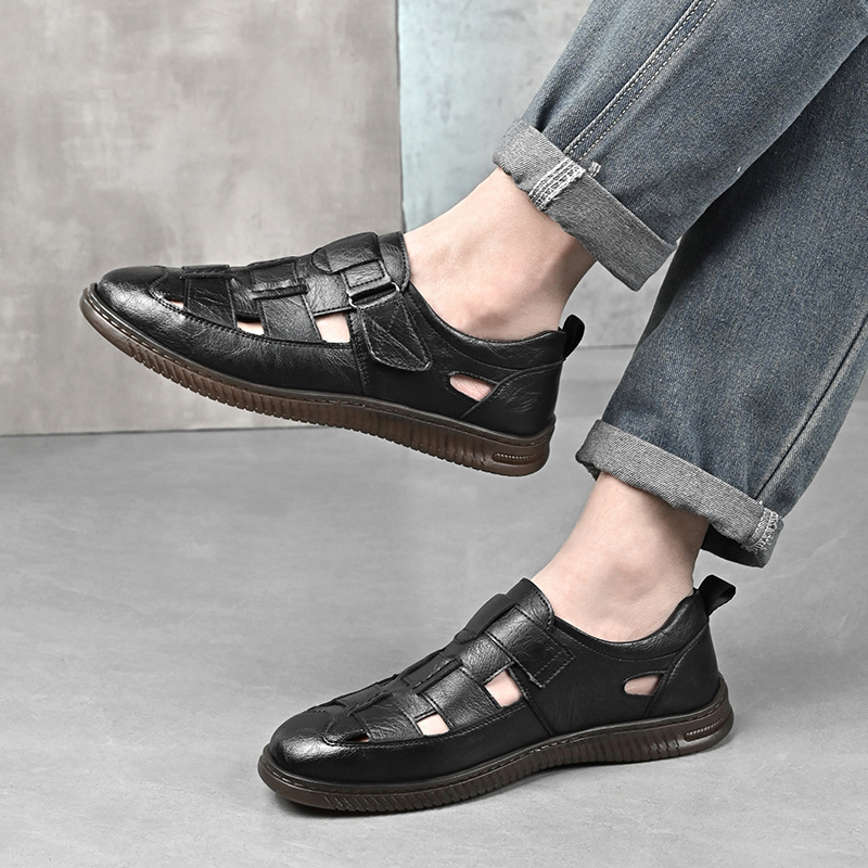 Men's Leather Sandals With Breathable Hollow Design For Summer_voghion.com