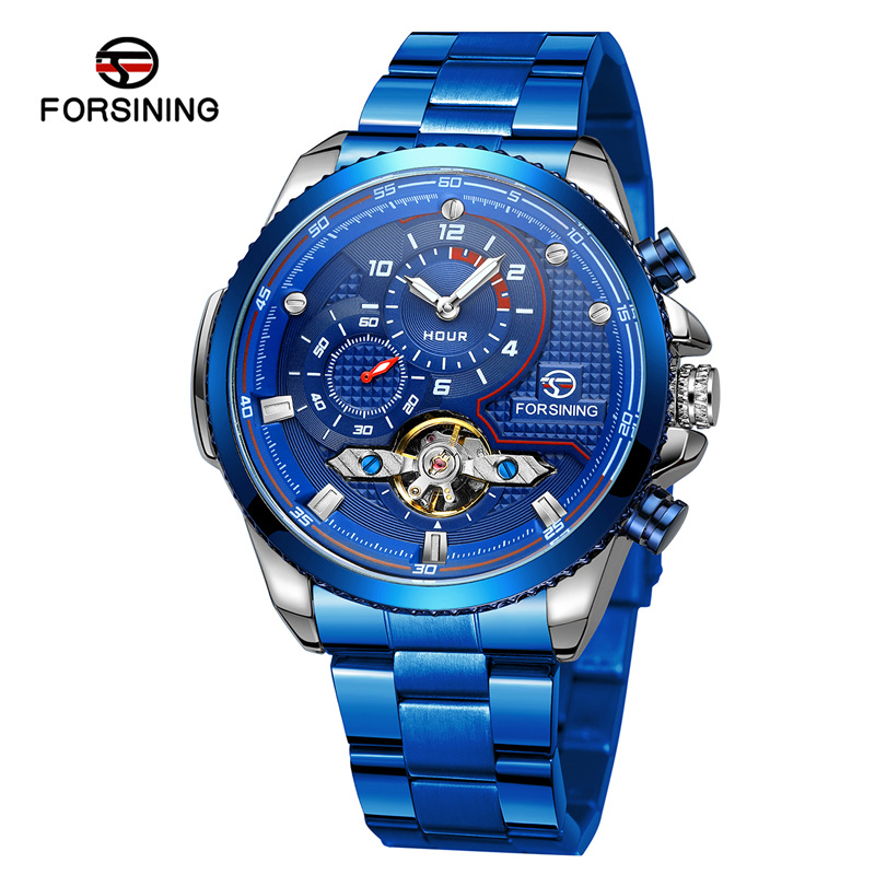 Forsining Fusini 8229 reloj mecánico automático de volante casual para hombre correa de acero reloj transparente