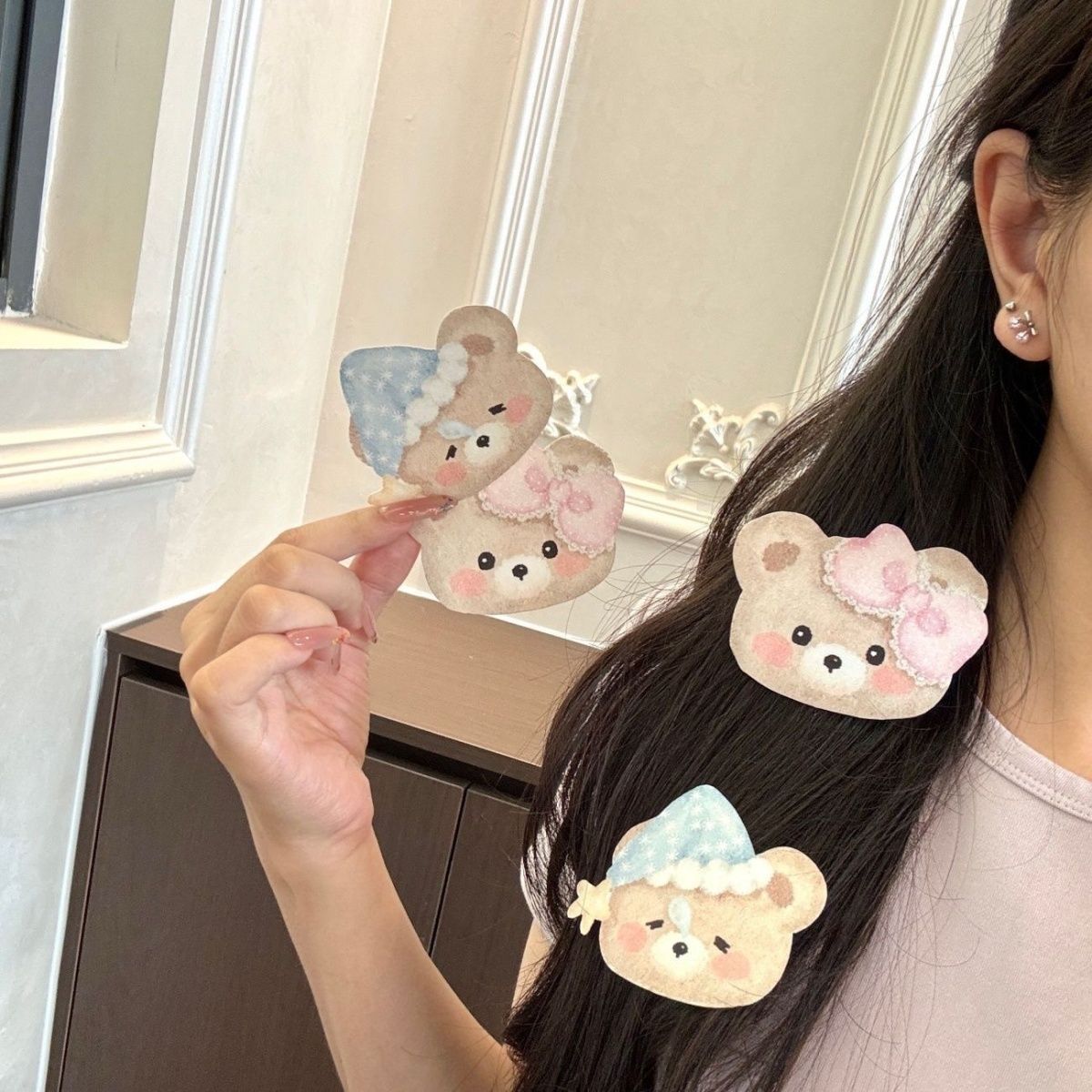 Good Night Bear Hair Patch - Cute Cartoon Hair Sticker for Students' Side Bangs