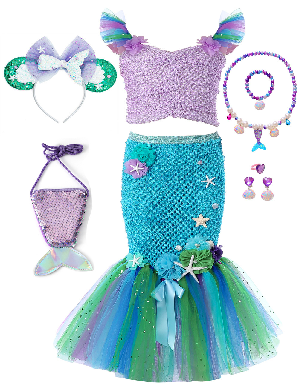 Зеленый аксессуар для волос, ожерелье, цепочка, комплект, сумка, рыбий хвост