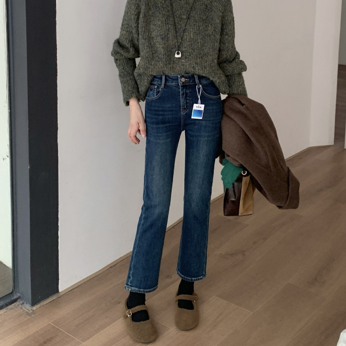 冬上新 十三行女装高腰弹力YKK拉链烟管小直筒九分法棍牛仔裤女士