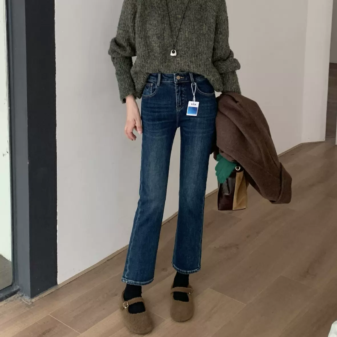 冬上新 十三行女装高腰弹力YKK拉链烟管小直筒九分法棍牛仔裤女士