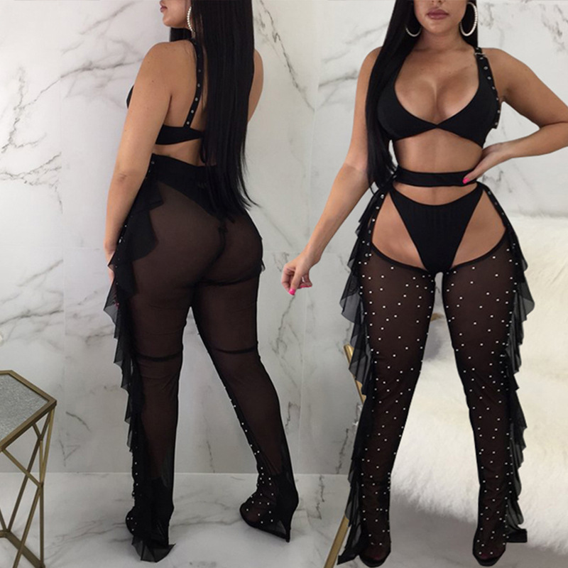 2024 nuevo producto transfronterizo Amazon ropa de mujer europea y americana malla sexy cuentas de malla oreja de madera traje ajustado tiktok