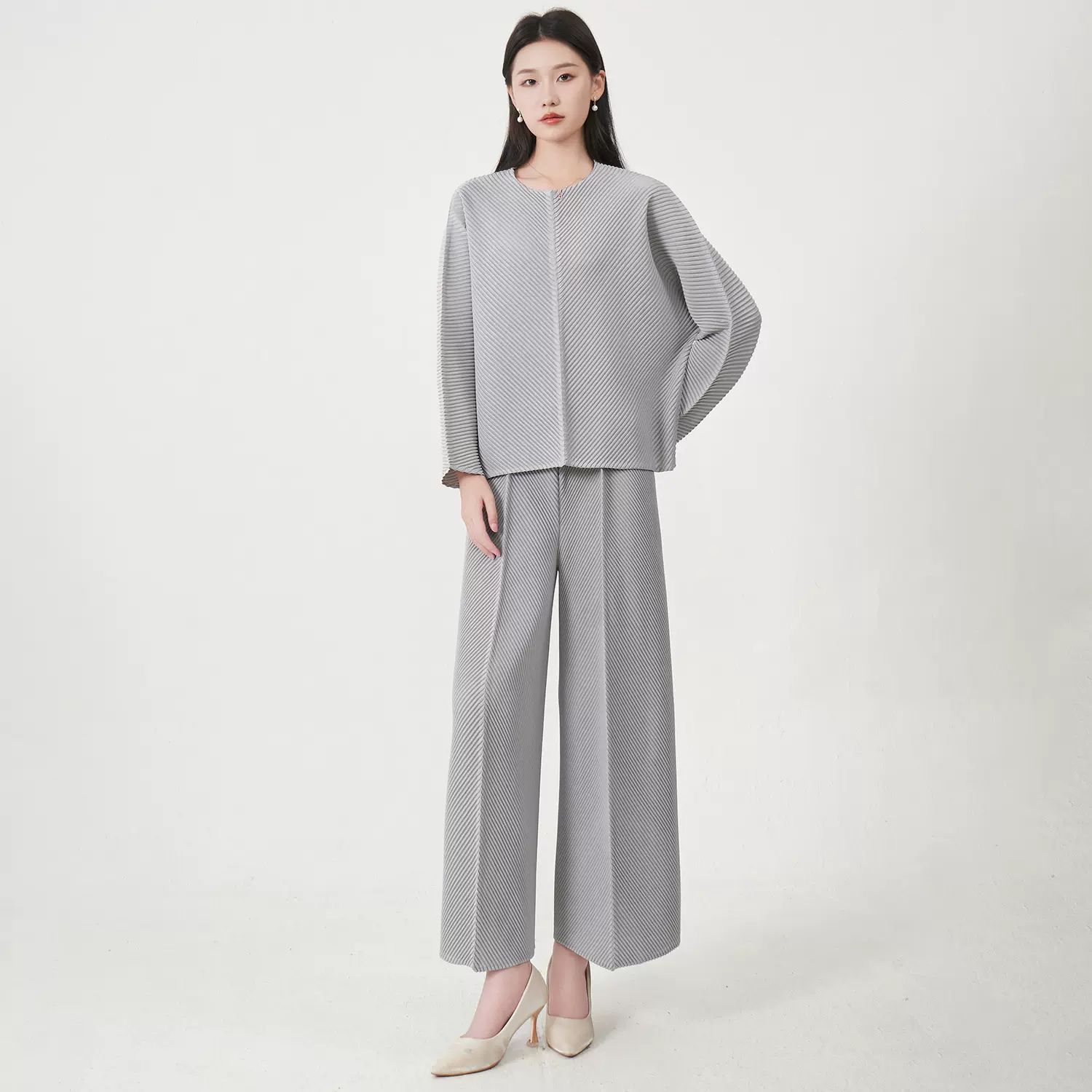 三宅时尚套装裤女装高级感宽松圆领长袖上衣阔腿直筒裤通勤两件套