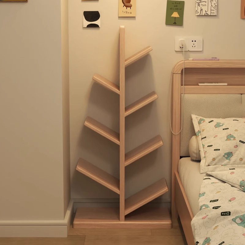 Estante de espiga y espiga en forma de árbol de madera maciza, estante de libro de piso a techo, estante de almacenamiento junto a la cama de madera de caucho, armario estrecho pequeño en la pared del dormitorio