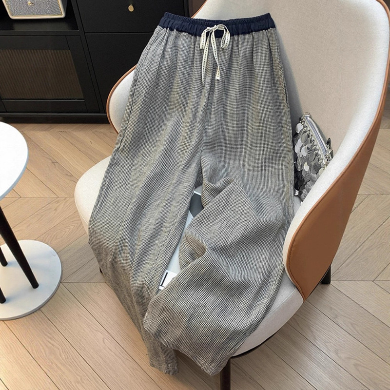 复古撞色拼接色织亚麻阔腿裤女夏季高腰抽绳格纹棉麻直筒休闲长裤|undefined