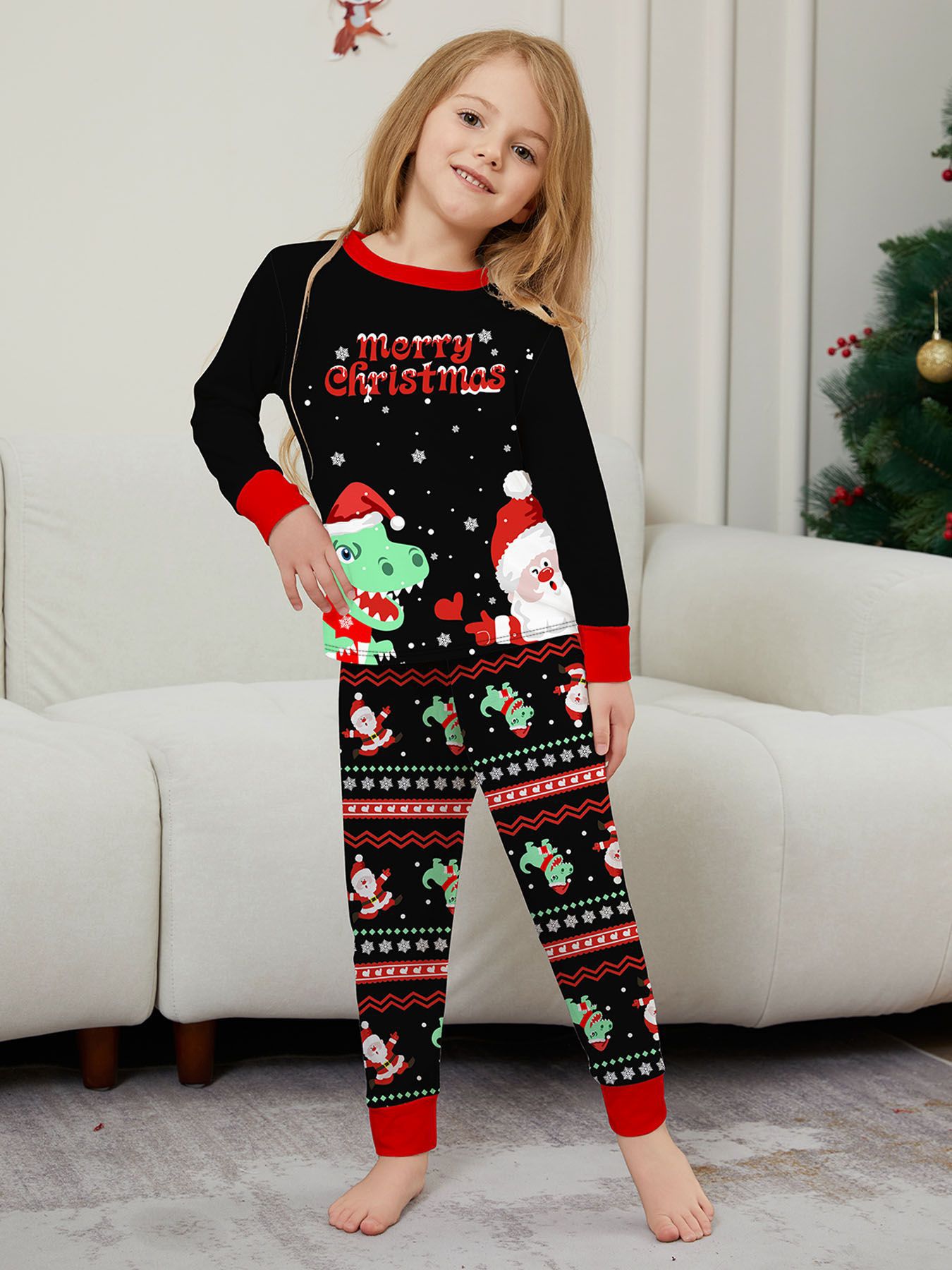 Weihnachts-Familienanzug mit Weihnachtsmann und Dinosaurier, Weihnachts-Familienanzug, schwarze Loungewear_voghion.com