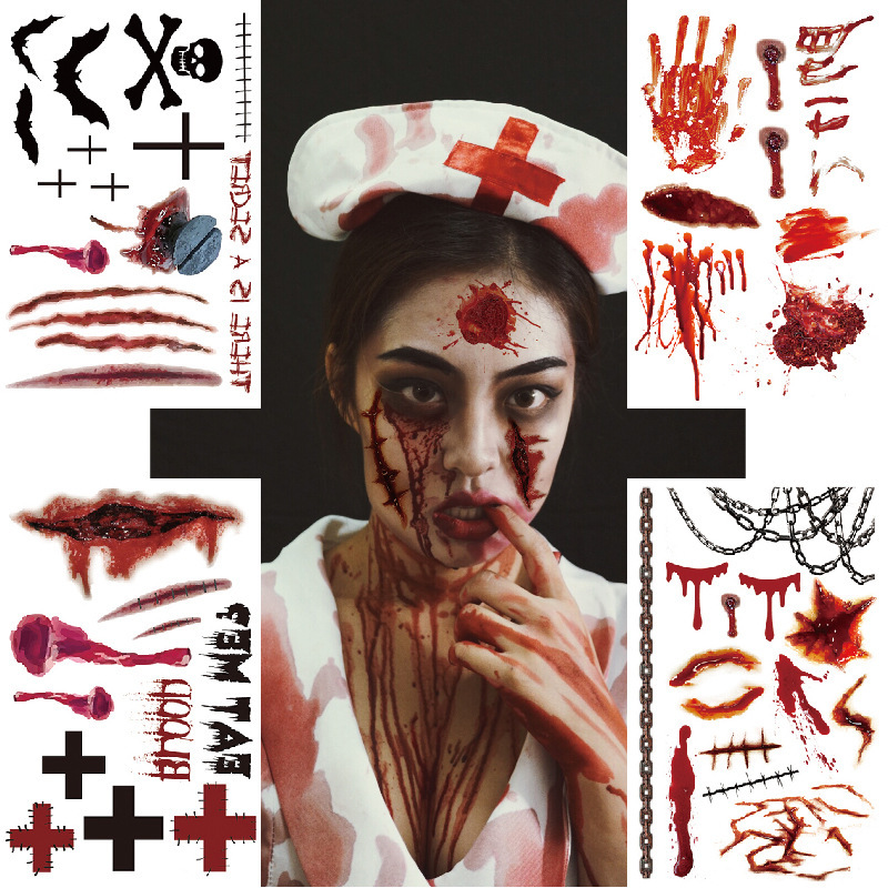Halloween Tattoo Sticker Wound Scar Horror Prom Party Funny Spider Cross Face Sticker