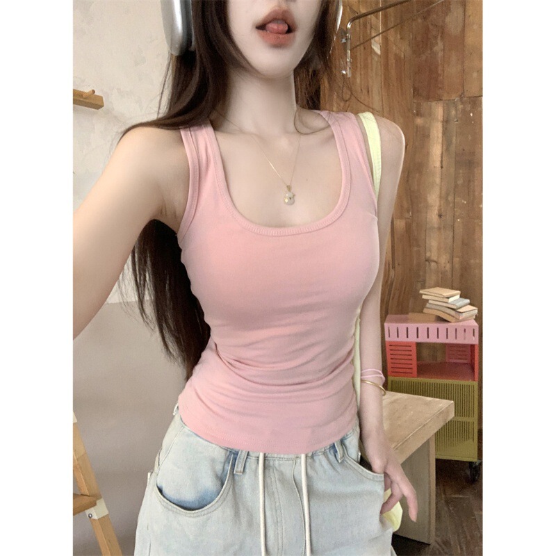 Pure Lust Pink Suspender Women's Summer Niche Outer Wear Sports Racer Vest Slim White Beautiful Back Short Top