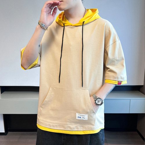 K summer new men's short-sleeve T-shirt, fashion brand hooded, half-sleeve ins, fashionable all-matching half-sleeve summer pure cotton T-shirt